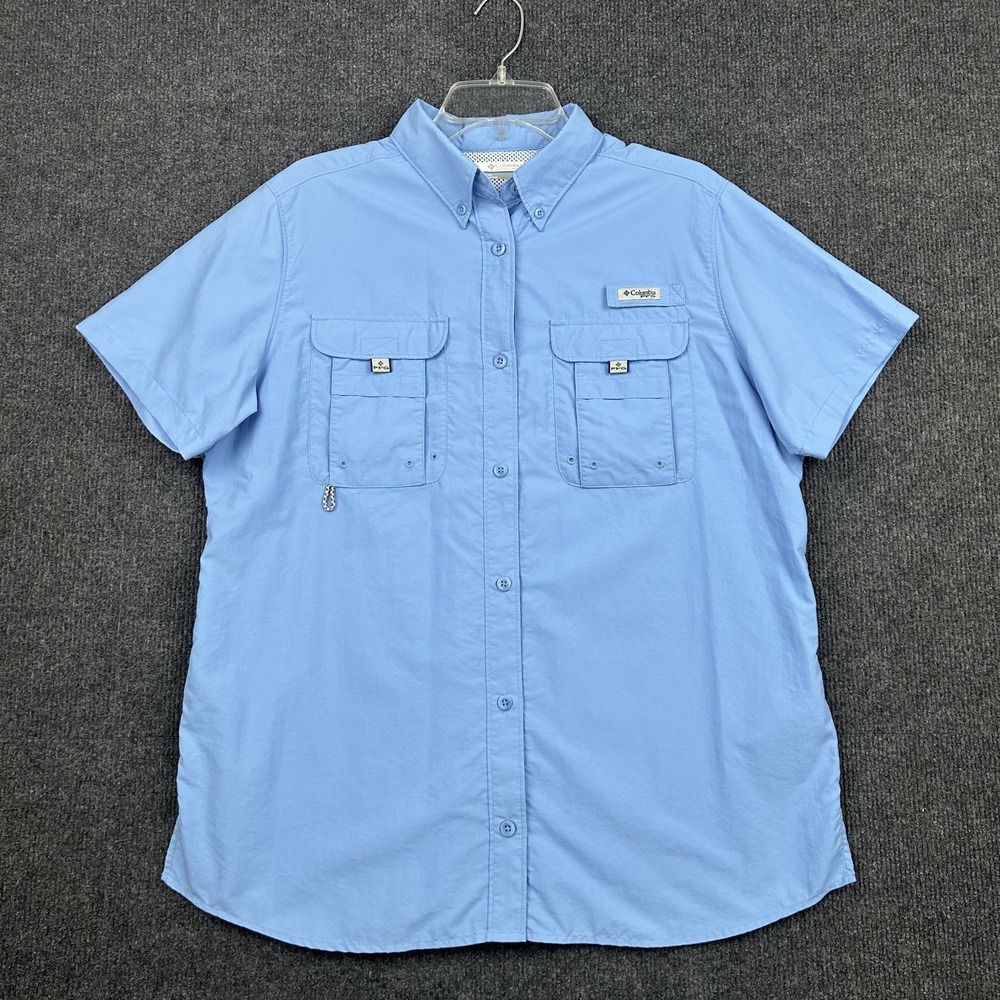 Columbia‎ PFG Men's Shirt Large Short Sleeve Button Vented Light Blue Outdoors